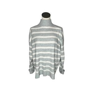Loft gray & white striped ribbed knit mock t-neck pullover sweater Size L NWT
